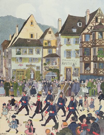 Herr Forstner verlaat Saverne met zijn soldaten na het kopen van chocolade in 1913, illustratie uit 