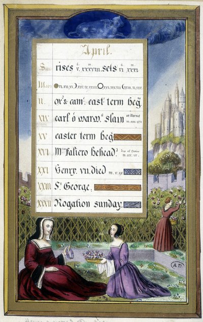 April: Dames in een tuin (Stier) - facsimile van de Uren van Anne van Bretagne, door Jean Bourdichon door Jean (after) Bourdichon