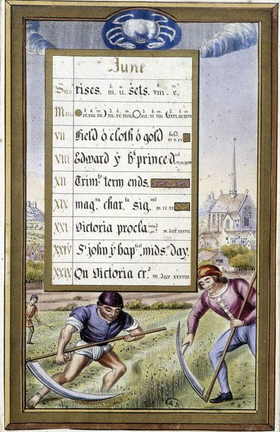 Kalender van juni en teken van Kreeft (in Getijden van Anne van Bretagne) door Jean (after) Bourdichon