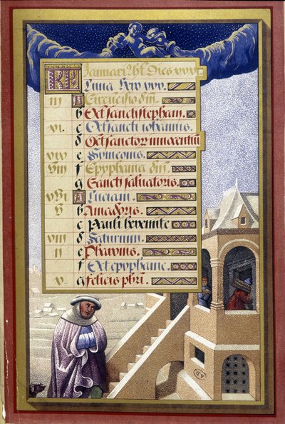 Januari: Huis in de winter (Waterman) - facsimile van de Getijden van Anne van Bretagne, door Jean Bourdichon door Jean (after) Bourdichon
