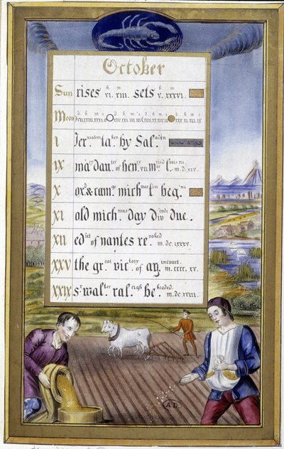 Oktober: ploegen en zaaien, teken van de schorpioen - in Book of hours of Anne of Brittany door Jean (after) Bourdichon