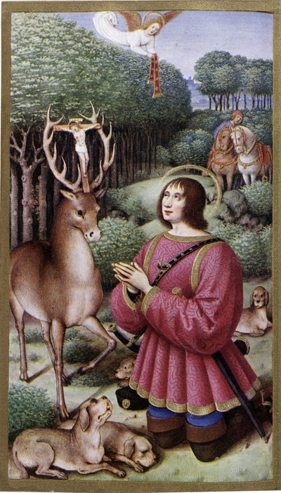 Heilige Hubertus - Miniatuur door Jean Bourdichon, facsimile van de Getijden van Anne van Bretagne door Jean (after) Bourdichon