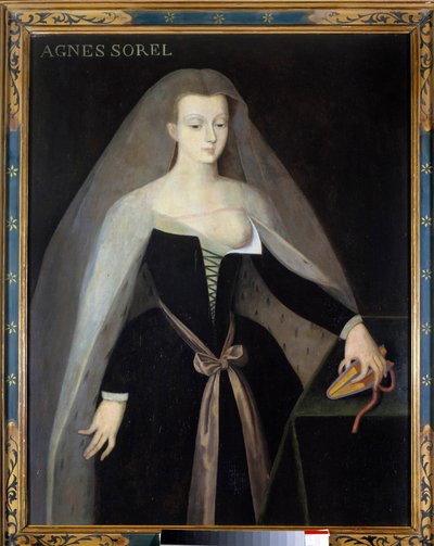 Portret van Agnes Sorel, favoriet van koning Karel VII. Haar borst is ontbloot. Schilderij naar Jean Fouquet, 16e eeuw, Château royal de Loches door Jean (after) Fouquet