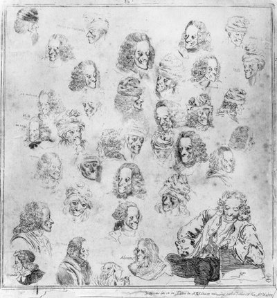 Verschillende gezichten in 30 Voltaire hoofden. Portretten van Francois Marie Arouet, genaamd Voltaire (1694-1778) 
