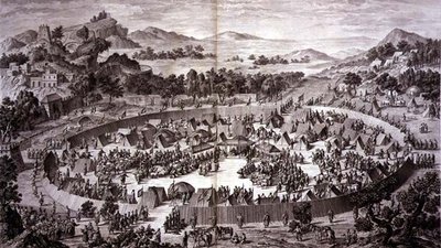 Tchao-Hoei in zijn kamp onder de muren van Yerechim ontvangt de eerbetuigingen van de inwoners van de stad en provincie in juli 1759, plaat 4 uit de serie prenten die de veroveringen van Qianlong, de keizer van China, voorstellen, gegraveerd door Pierre Ph door Jean (d.1781) (after) Damascene