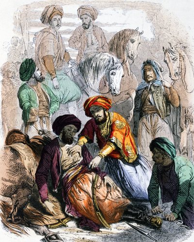 Ibrahim Pacha (1789-1848) zegent een stervende soldaat, tijdens de campagne tegen de wahhabieten door Jean Adolphe Beauce