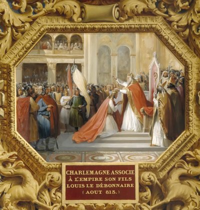 Karel de Grote kroont zijn zoon Lodewijk de Vrome in 813 door Jean Alaux