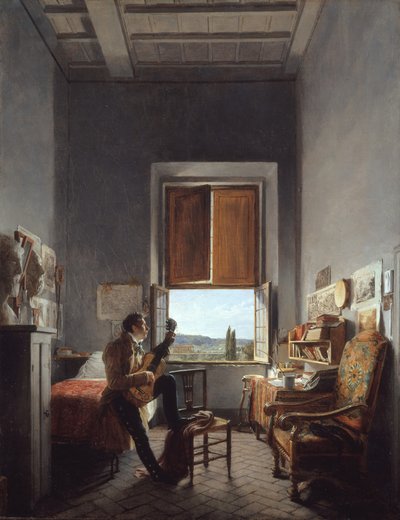 Léon Pallière in zijn kamer in de Villa Medici, Rome, 1817 door Jean Alaux