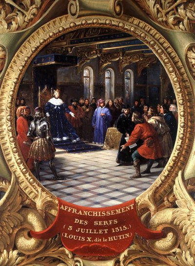 Lodewijk X (1289-1316) de Koppige, koning van Navarra, die de lijfeigenen bevrijdt, 3 juli 1315 door Jean Alaux