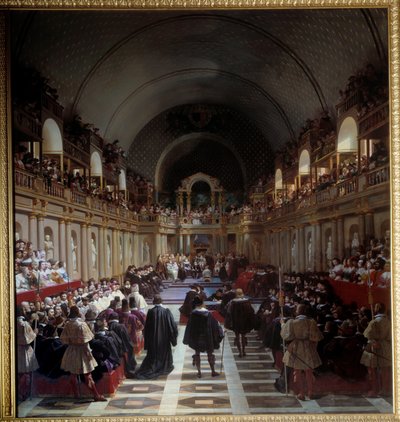 De Staten-Generaal van Parijs 27 oktober 1614 De vergadering werd gehouden in het Louvre, koning Lodewijk XIII zat voor met zijn moeder Marie de Medicis. Schilderij door Jean Alaux (1786-1864), genaamd le Romain door Jean Alaux
