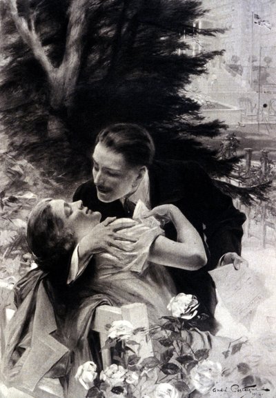 Scène van verleiding. Gravure door André Castaigne. 1922. door Jean Alexandre Michel Andre Castaigne
