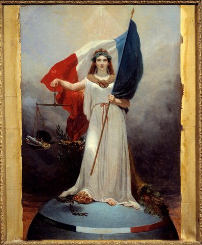 Symbolische figuur van de Republiek. Allegorie die de republiek voorstelt als een vrouw met een lauwerkrans, symbool van vrede, die een weegschaal vasthoudt, symbool van gerechtigheid en de driekleurige vlag. Onder haar voet de kroon van de verpletterde mo door Jean Alphonse Roehn