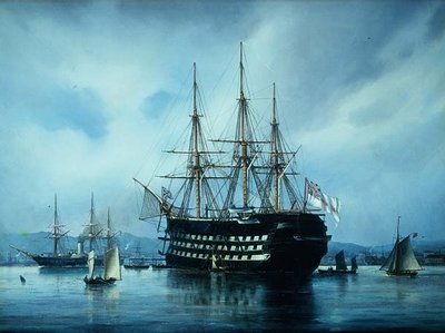 Een Engels oorlogsschip voor anker bij een haven door Jean Altamura