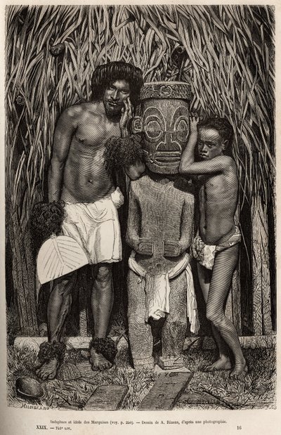 Een inwoner van het eiland Hiva-Oa en zijn zoon, omringend een gesneden houten idool dat de god Tiki voorstelt, in de archipel van de Marquesas-eilanden, gegraveerd naar een tekening van A. Rixens ter illustratie van de herinneringen aan de Stille Oceaan,  door Jean Andre Rixens