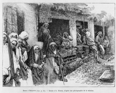 Bazaar in Bahrein, Tsjaad. Gravure door A. Rixens ter illustratie van het verhaal 