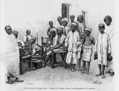 Café bij Steamer Point Bazaar, Aden, Jemen. Gravure door A. Rixens ter illustratie van het verhaal 