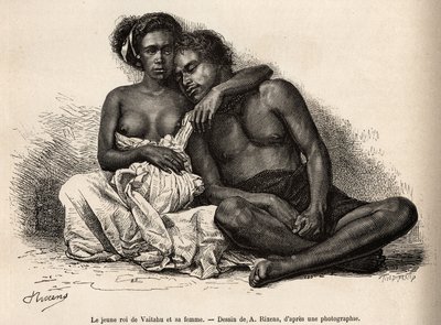De jonge koning van Vaitatu, op het eiland Tauata, in de archipel van de Marquesaseilanden, omarmd door zijn vrouw, gegraveerd naar een tekening van A.Rixens ter illustratie van de herinneringen aan de Stille Oceaan, 1872-1874, door A.Pailhes, een scheepsa door Jean Andre Rixens