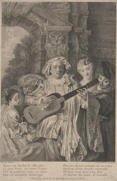 In het kostuum van Mezetin door Jean Antoine (after) Watteau