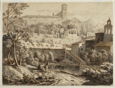 Een kunstenaar schetst langs een rivier, onder een Italiaanse stad, c.1780 door Jean Antoine Constantin