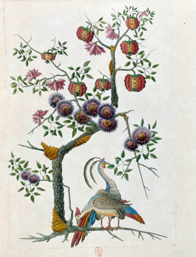 Tekening van een Chinese vaas: vogel en bloemen door Jean Antoine Fraisse