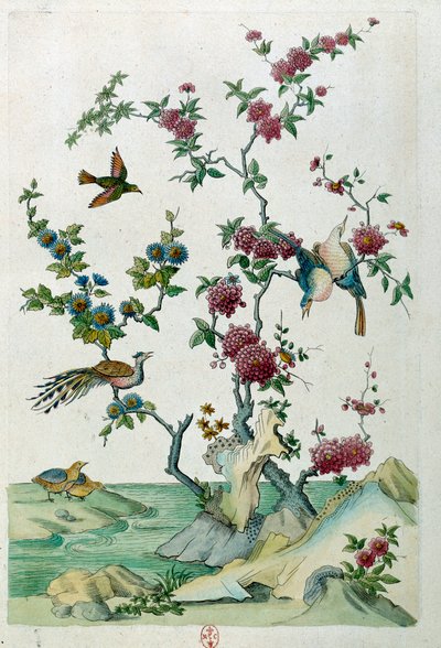 Tekening van een Chinese vaas: vogels en bloemen. Schilderij door Jean Antoine Fraisse (18e eeuw) door Jean Antoine Fraisse