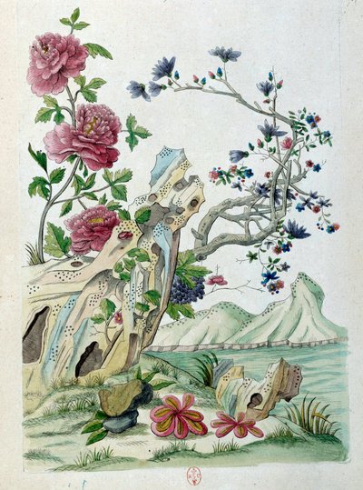 Tekening van een Chinese vaas: bloemen in een landschap door Jean Antoine Fraisse
