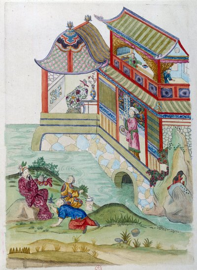 Huis aan de rivier. Tekening afkomstig van een Chinese vaas door Jean Antoine Fraisse