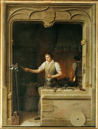 Un serrurier cherche a faire mordre sa lime a un geai- Een slotenmaker probeert een gaai in zijn ratel te laten bijten ... door Jean Antoine Laurent