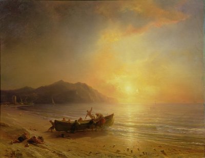 Een kustlandschap met Arabische vissers die een boot te water laten bij zonsondergang door Jean Antoine Theodore Gudin