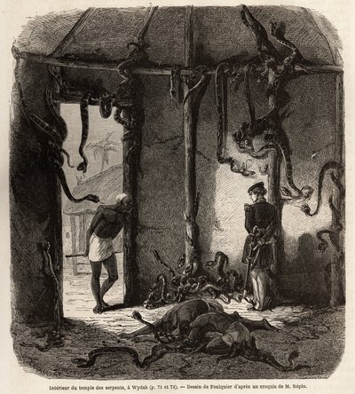 Binnen in de tempel van fetisjslangen, in Wydah, in Dahomey (het huidige Benin), tekening door Jean Antoine Foulquier (1822-1896), ter illustratie van de reis van Dr. Repin naar Dahomey in 1860. Gravure in "Le tour du monde", uitgegeven door Edouard Charto door Jean Antoine Valentin Foulquier