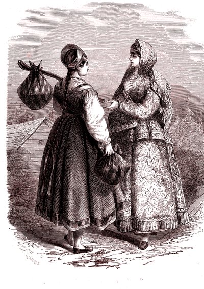 Rusland. Vrouwen van de Valdaiy-bergen. 1865 (Gravure) door Jean Antoine Valentin Foulquier