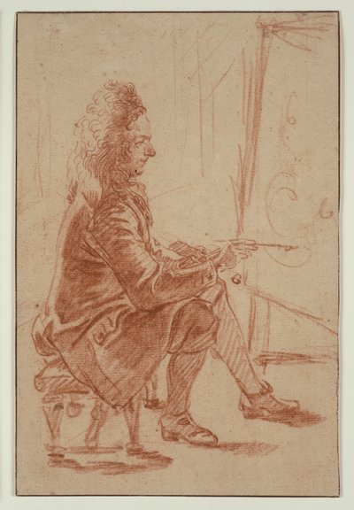 Een bebrilde schilder (mogelijk Claude Audran), c.1709 (rood krijt op buff gelegd papier, op crèmekleurig gelegde kaart) door Jean Antoine Watteau