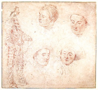 Een Karakter en Vier Hoofden door Jean Antoine Watteau