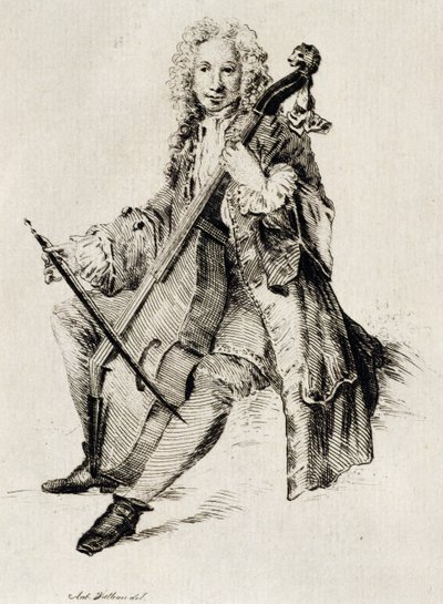 Cellospeler, gravure, Frankrijk door Jean Antoine Watteau