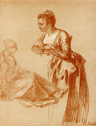 Figurenstudies voor een staand en een zittend meisje door Jean Antoine Watteau