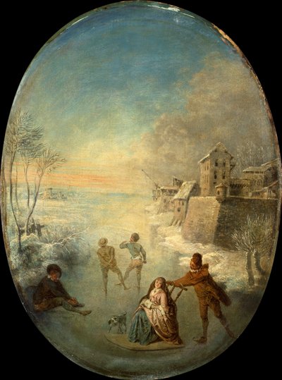 Heren op het IJs bij een Ommuurde Stad in de Winter door Jean Antoine Watteau