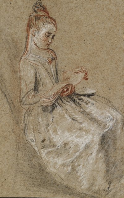 Meisje Zittend met een Muziekboek op haar Schoot door Jean Antoine Watteau