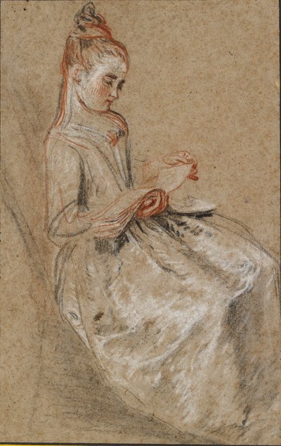 Meisje zittend met een muziekboek op haar schoot door Jean Antoine Watteau