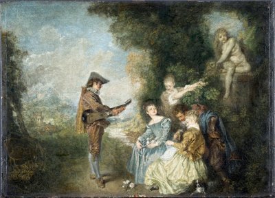 De liefdesles (scène in een tuin met standbeeld en muzikant) door Jean Antoine Watteau