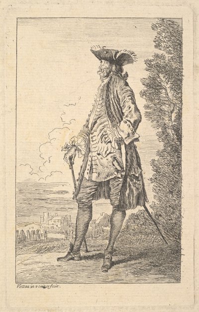 Man die loopt en een stok in zijn rechterhand draagt, getoond in driekwart zicht, ca. 1710 door Jean Antoine Watteau