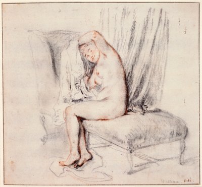 Naakte vrouw zittend op een chaise longue, haar shirt aantrekkend, 18e eeuw door Jean Antoine Watteau