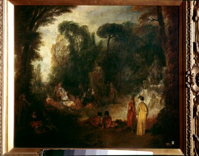 Feest in een park door Jean Antoine Watteau