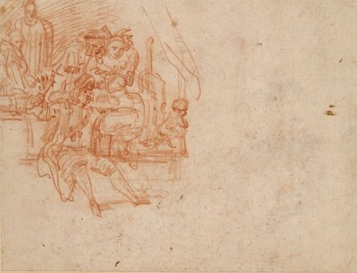 Kwaksalver zittend op het podium, verkoopt waren, met vier figuren en een aap door Jean Antoine Watteau