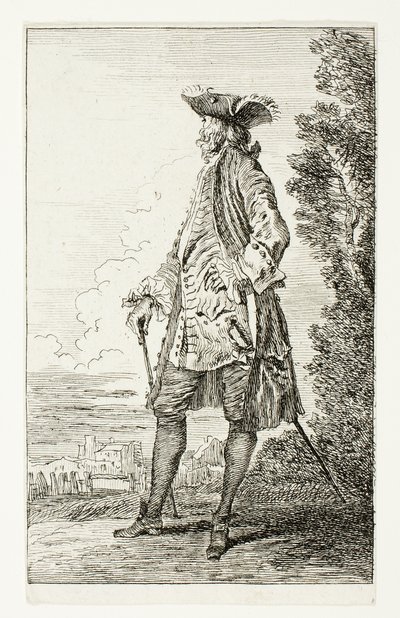Staande man met hoed, naar links kijkend, uit Figures de Modes door Jean Antoine Watteau