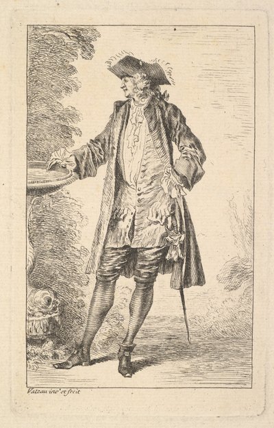 Staande man met zijn rechterhand rustend op een bassin, getoond in driekwart zicht, ca. 1710 door Jean Antoine Watteau