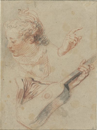 Studieblad met een neerziend meisjeskopje, een gitaar en de handen die ze bespelen door Jean Antoine Watteau