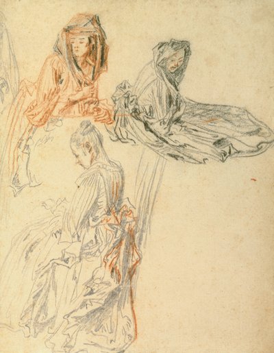 Studies van Drie Zittende Vrouwen door Jean Antoine Watteau