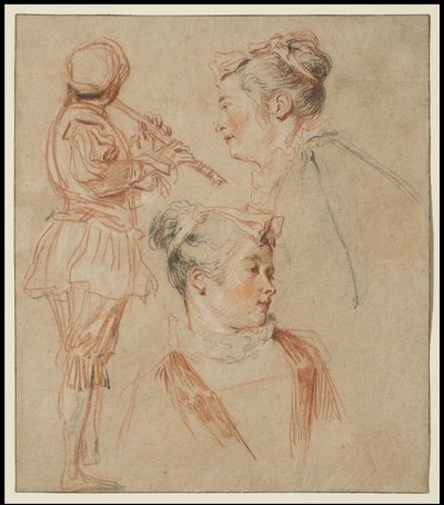 Studies van een Fluitist en Twee Vrouwen, ca.1717 door Jean Antoine Watteau