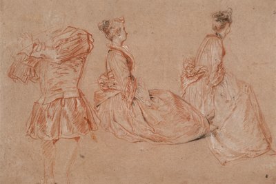 Studies van een fluitspeler en twee vrouwen, 1717 door Jean Antoine Watteau