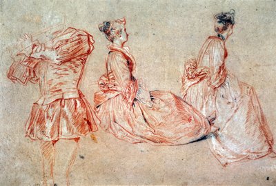 Studie van een fluitspeler en twee vrouwen door Jean Antoine Watteau
